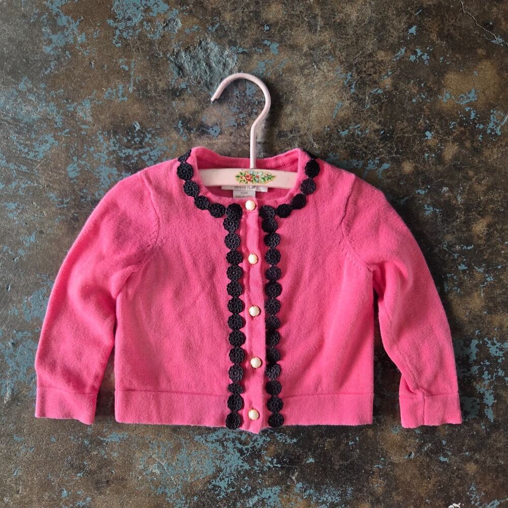 Kate Spade Baby Pink Cardigan Sweater Size 12 Months Black Lace Button Front